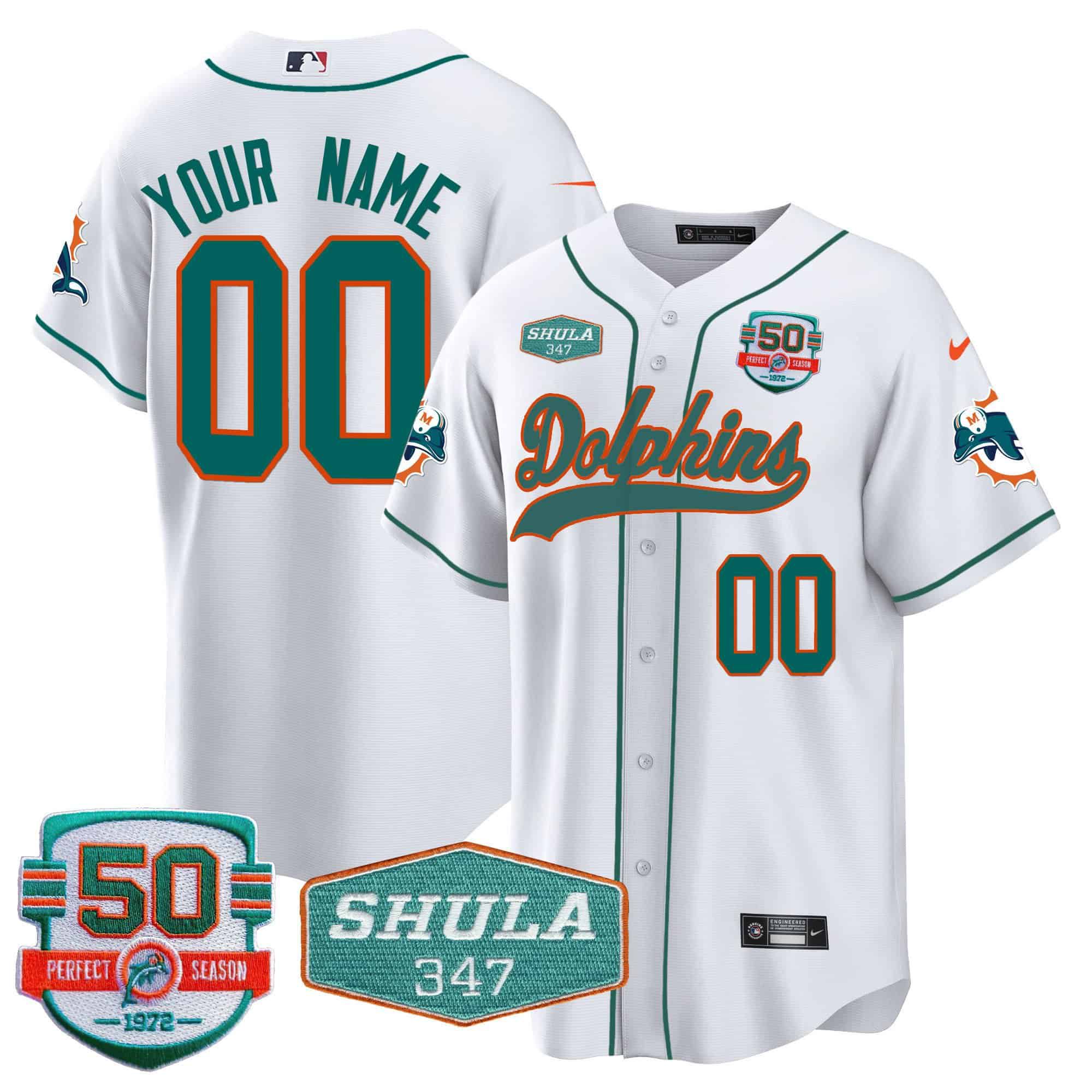 Men Miami Dolphins White 2024 Nike 50th Don Shula Memorial Patch Baseball Custom NFL Jersey->customized nfl jersey->Custom Jersey